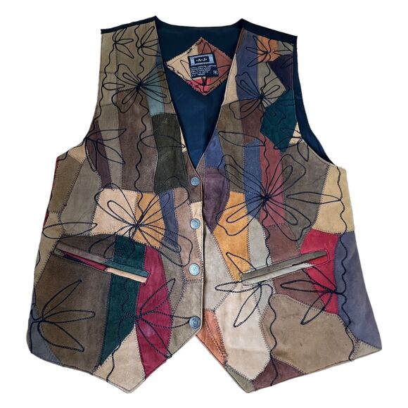 A.J. Vintage Suede Leather Patchwork Artsy Boho Embroidered Western Vest Small - Picture 5 of 10